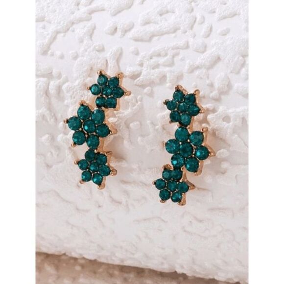 GOLD EMERALD FLOWER EAR CRAWLER STUD EARRINGS - Picture 2 of 5